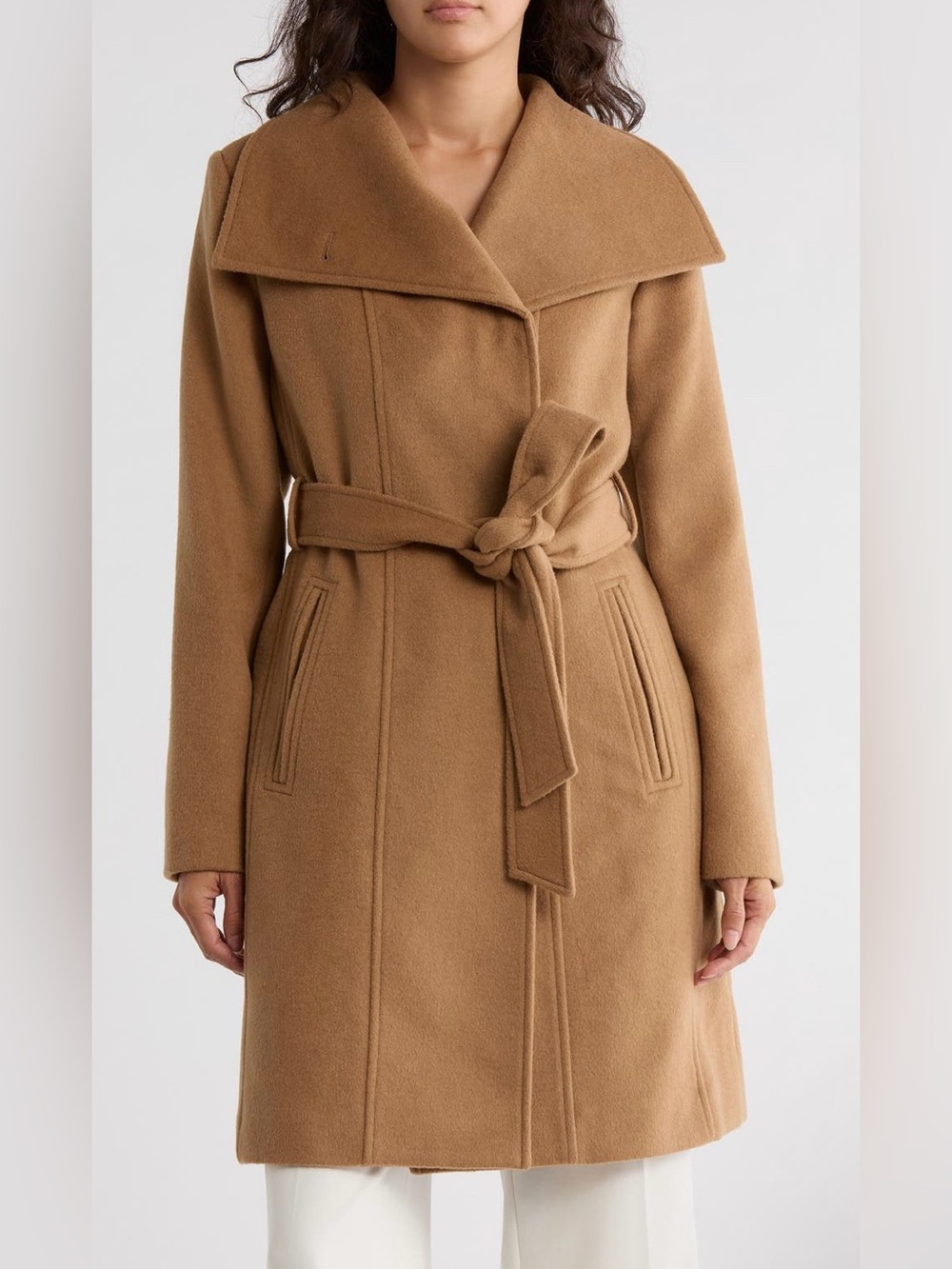 Bernardo Wool Blend Wrap Coat in Camel